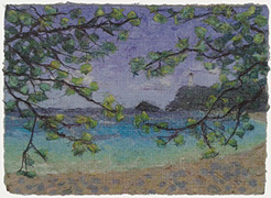 beach, trees, lighthouse in distance